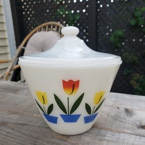 Vtg FireKing Tulip Grease Jar With Lid